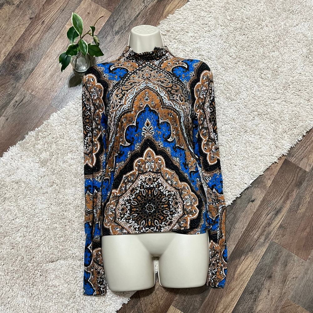 Free People XS Boho Eclipse Combo Paisley Baroque Turtleneck Dolman Chase Me Top